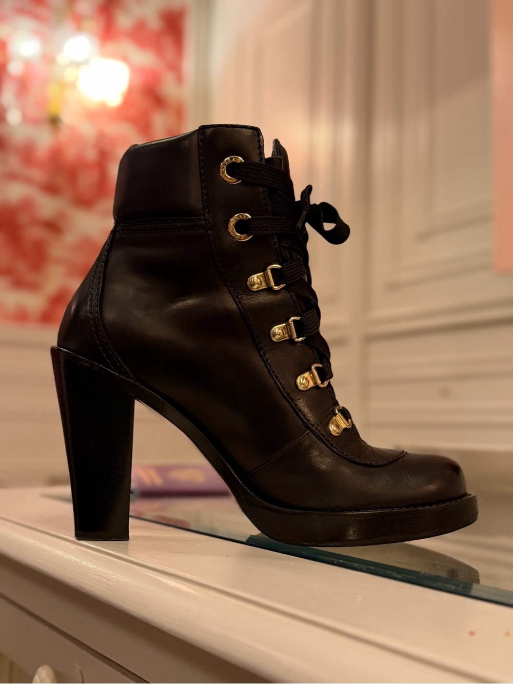 Dolce & Gabbana Black Leather Lace-Up High Heel Ankle Boot with Gold Hardware